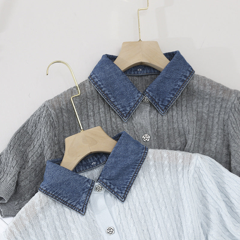 Damen Kurzarm-Strickcardigan mit Zopfmuster und kontrastierendem Jeanskragen Echo Archiv