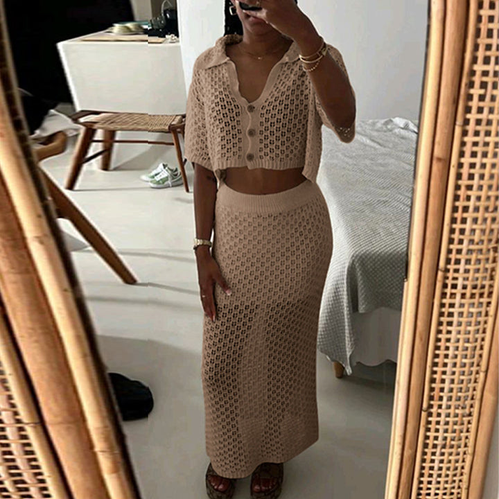 Damen gehäkeltes Crop-Top und Maxi-Rock Set Echo Archiv