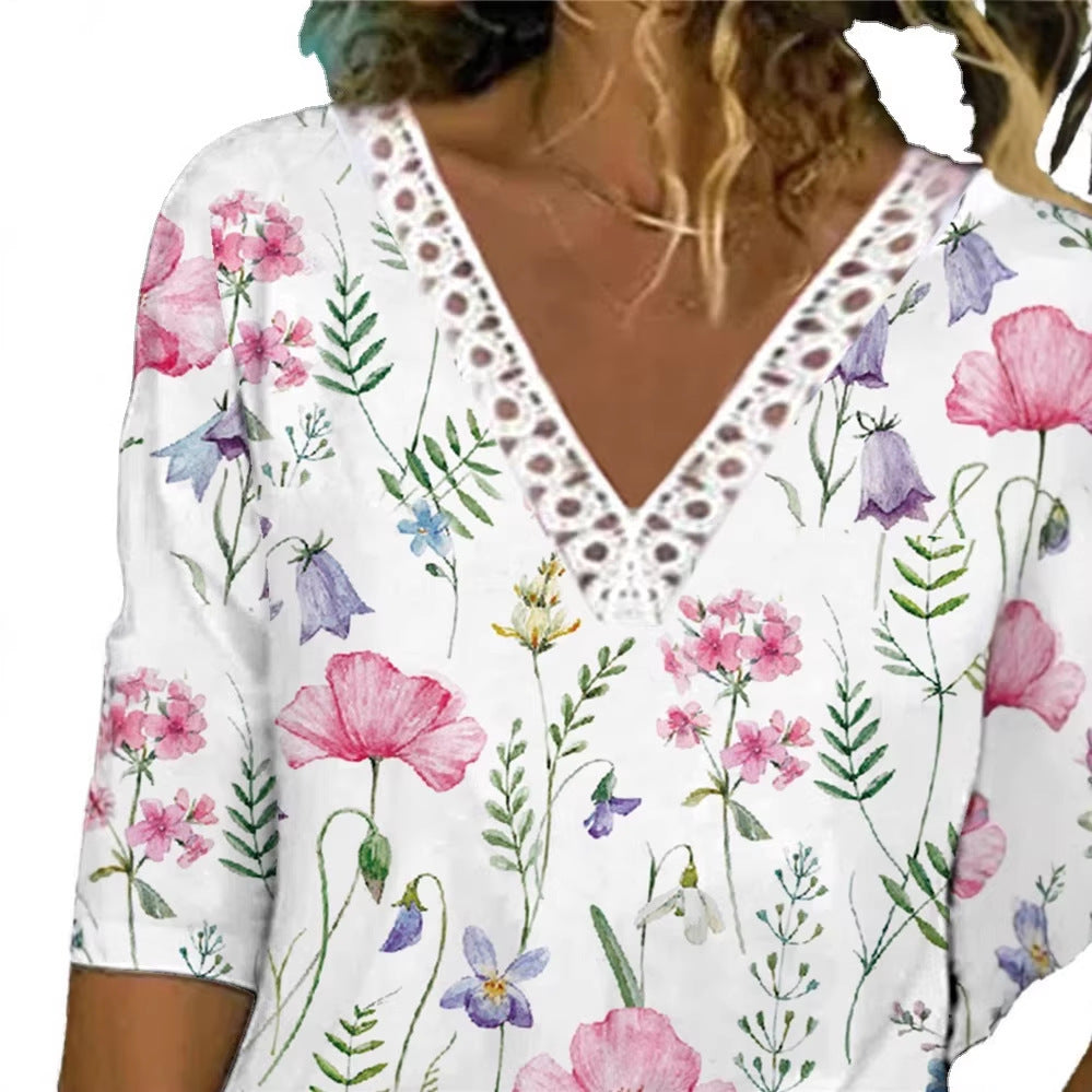Damenbluse mit V-Ausschnitt und Spitzenbesatz, 3/4-Ärmel, Blumenmuster und lockerer Schnitt Echoarchiv