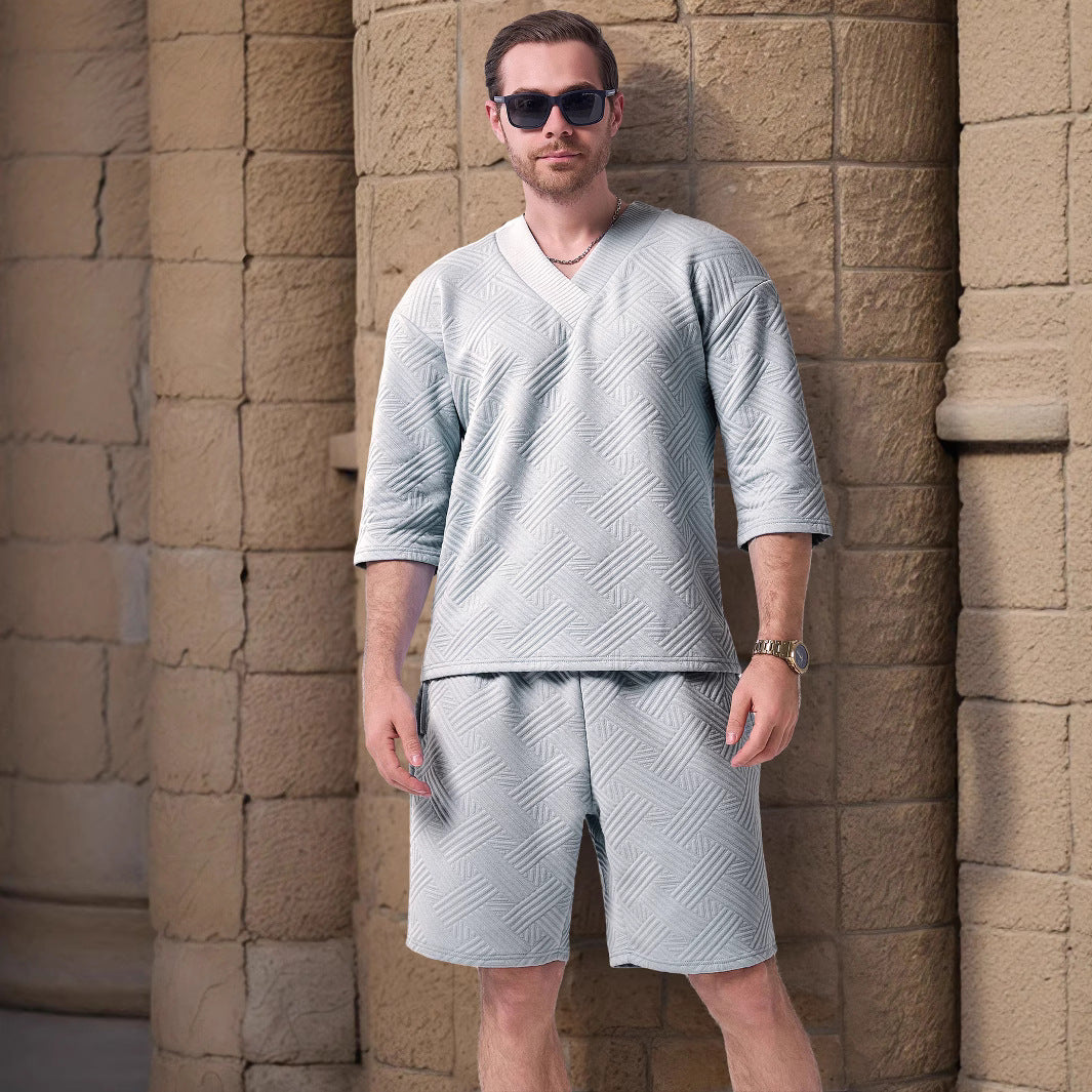 Herren lässiges Kurzarmshirt und Shorts-Set mit strukturiertem Design Echoarchiv