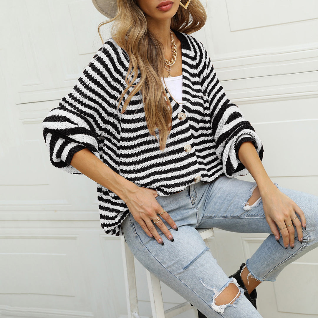 Damen gestreifte oversized Strickjacke mit V-Ausschnitt und Knopfleiste Echo Archiv