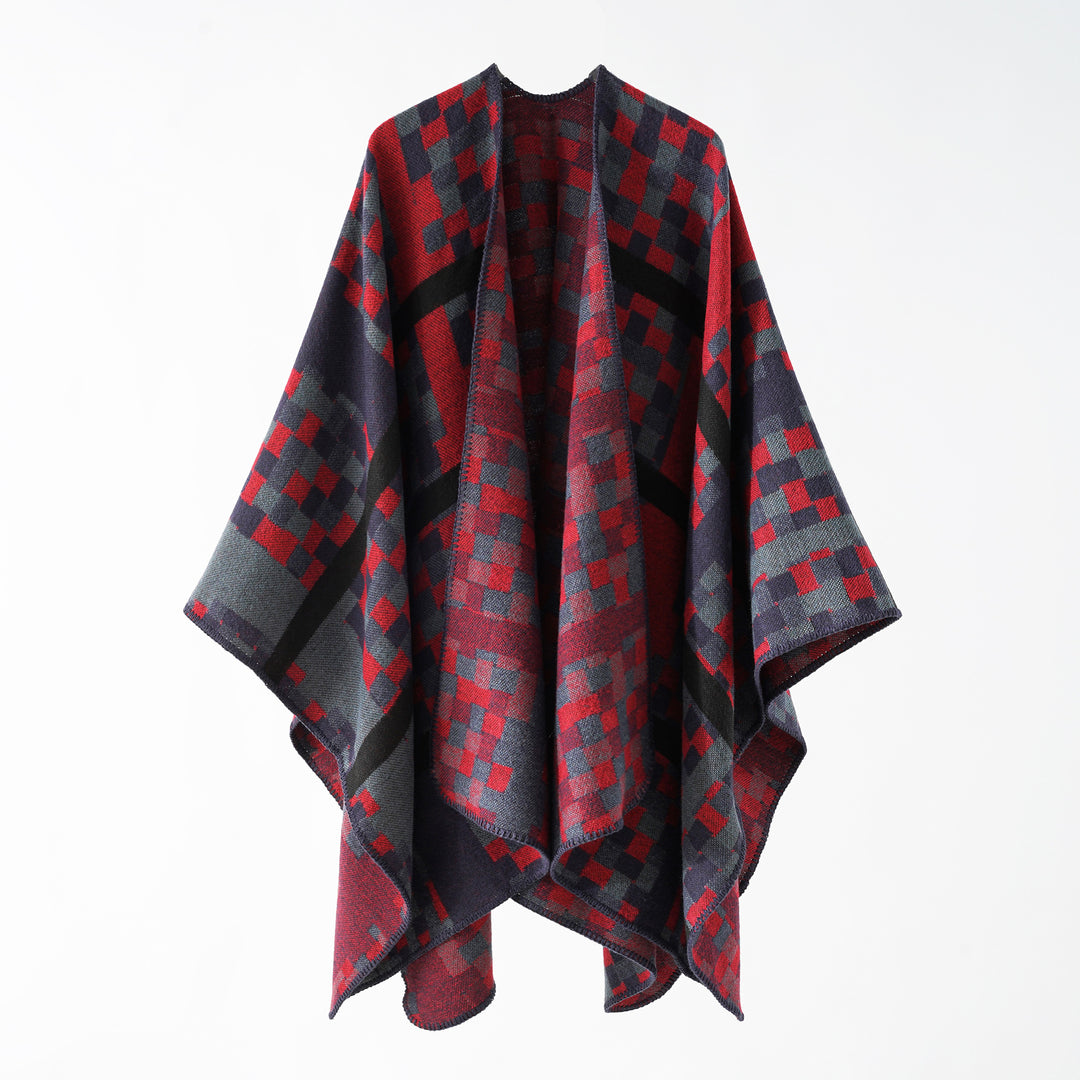 Damen Kastiger Webponcho mit grafischem Jacquard und Kettelkante Echo Archiv