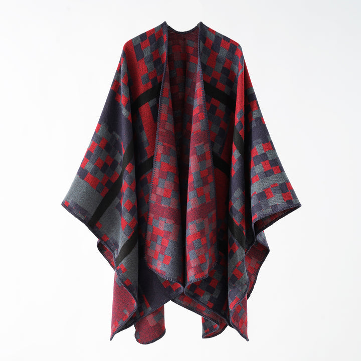 Damen Kastiger Webponcho mit grafischem Jacquard und Kettelkante Echo Archiv