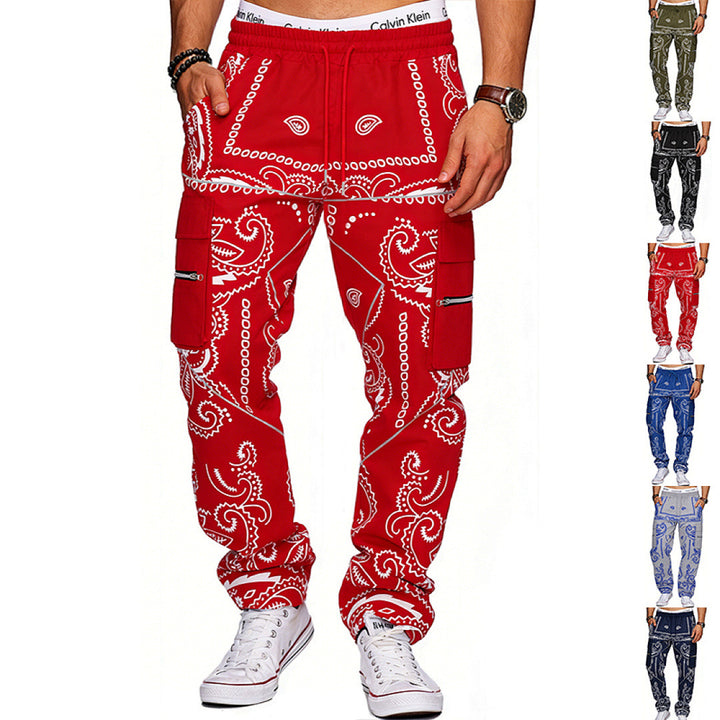 Herren Cargo-Hose mit Bandana-Print, elastischem Bund und Zipper-Taschen – Bravaro
