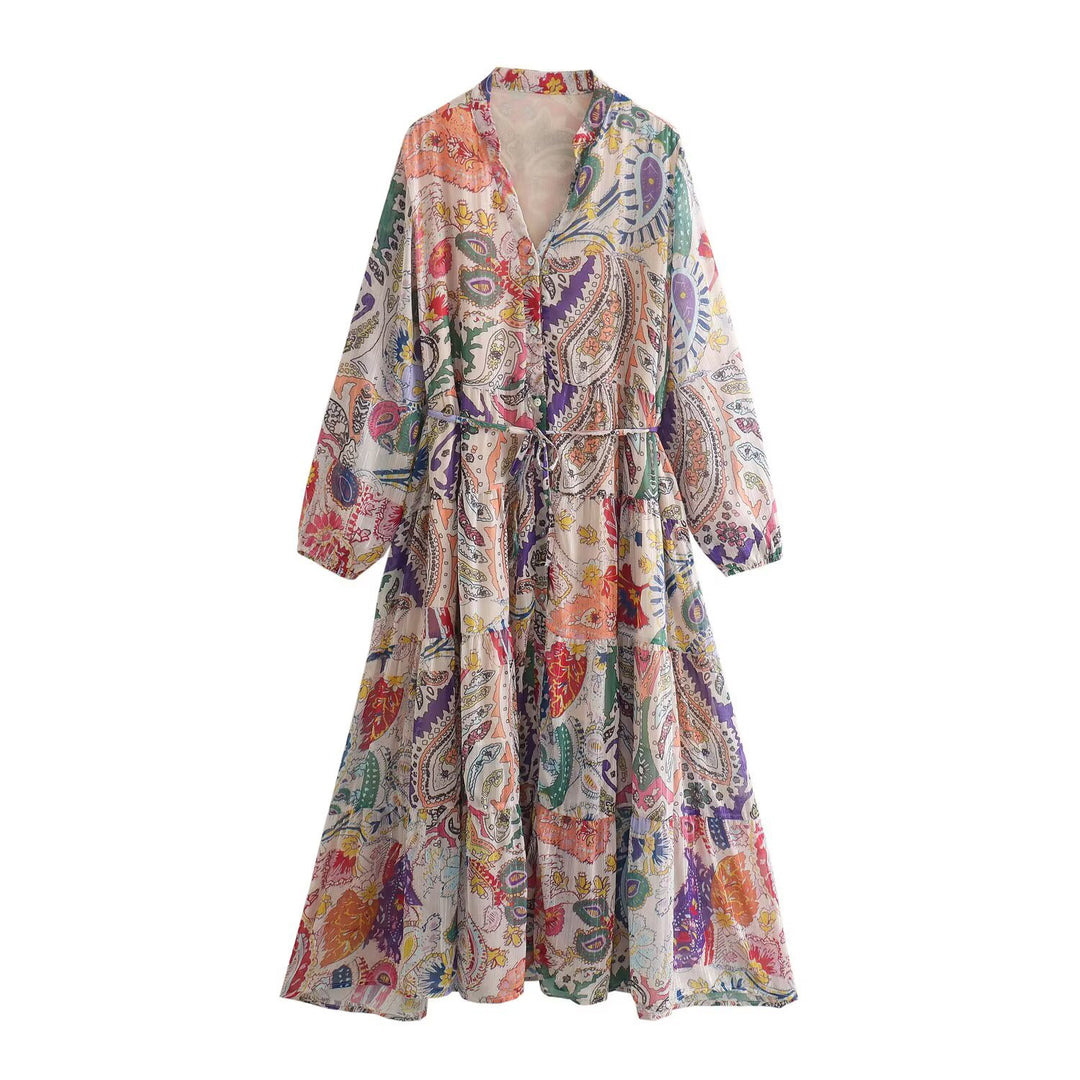 Damen Maxikleid mit Paisley‑Print, V‑Ausschnitt, Taillenband und Stufenrock Echo Archiv