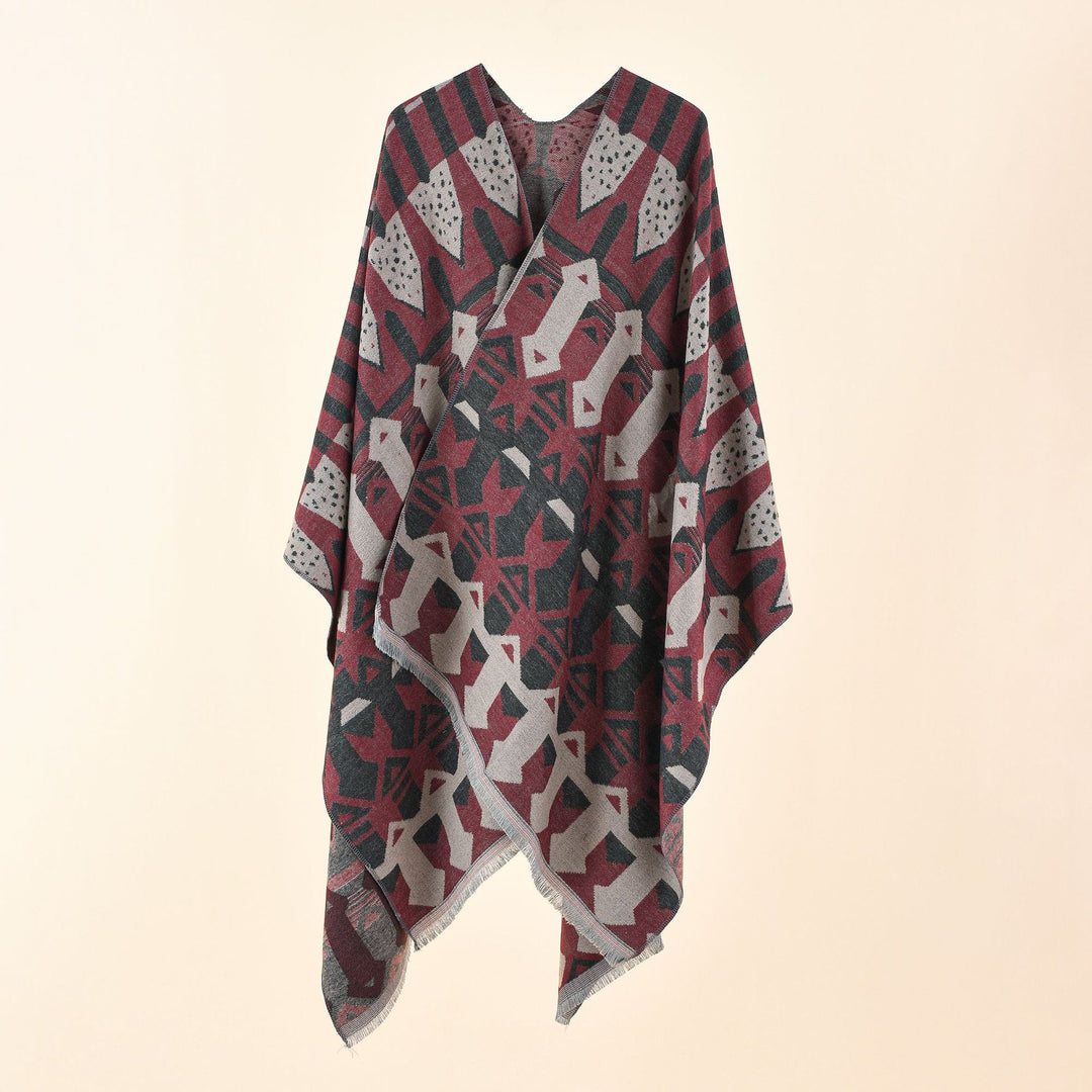 Damen Strick-Überwurfcape im Ruana-Stil mit grafischem Jacquard und Fransensaum Echo Archiv