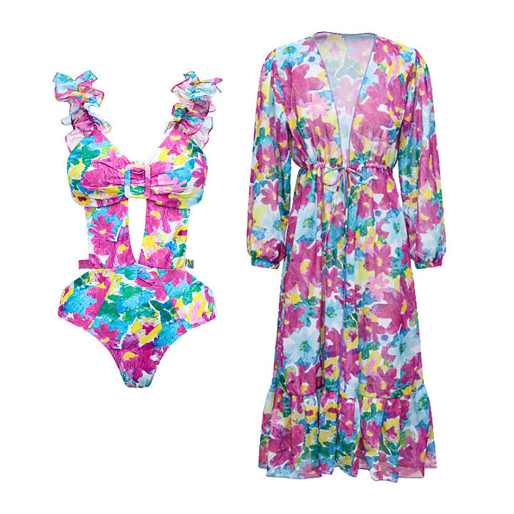 Damen Bikiniset mit voluminösen Rüschendetails und fließendem Maxi-Rock Echo Archiv