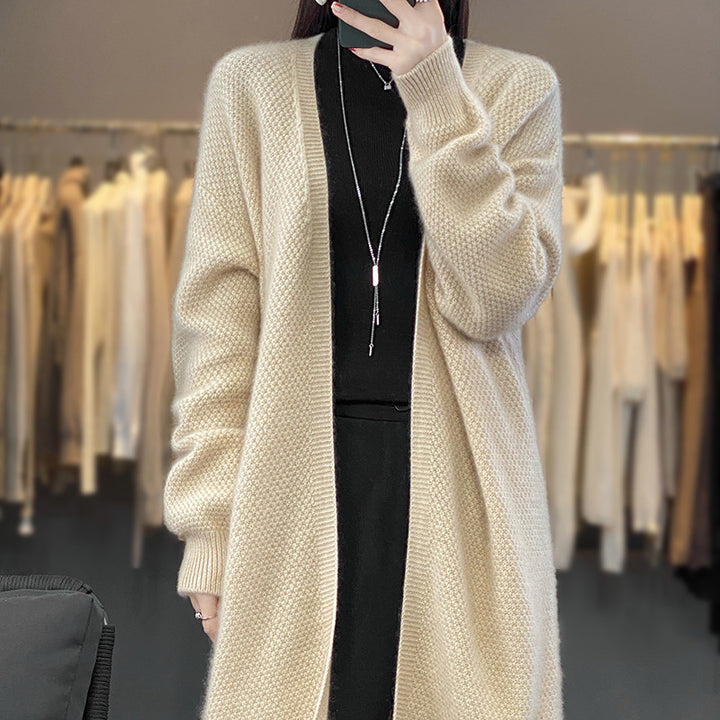 Damen Langer Offener Strickcardigan mit Samenmuster und gerippten Abschlüssen Echoarchiv