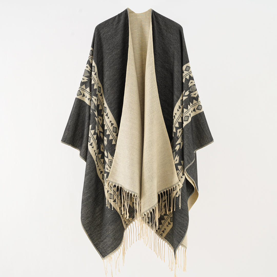 Damen Oversize-Poncho mit Fransen und Jacquardmuster – Avérine