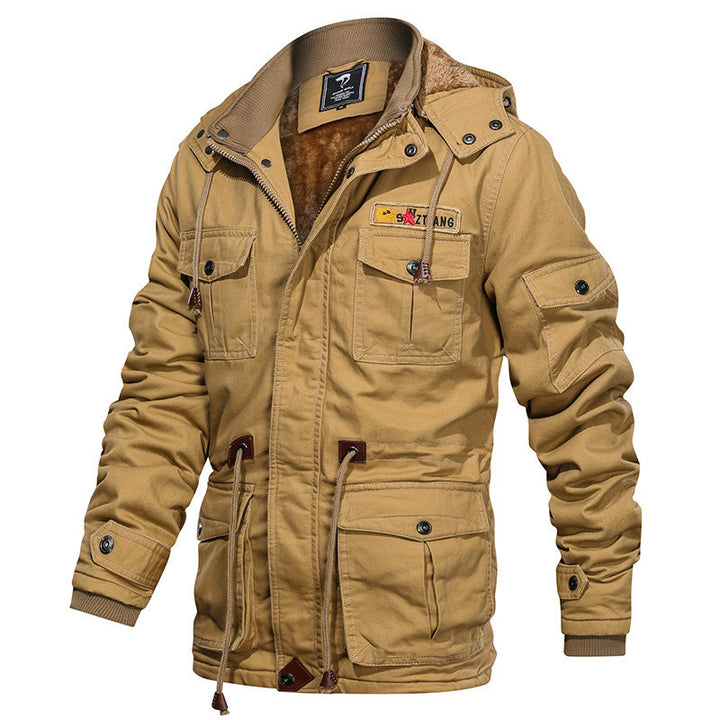 Herren Militärinspirierte Canvas-Fieldjacke mit Kapuze, Kordzug‑Taille und Fleece‑Innenfutter Echoarchiv