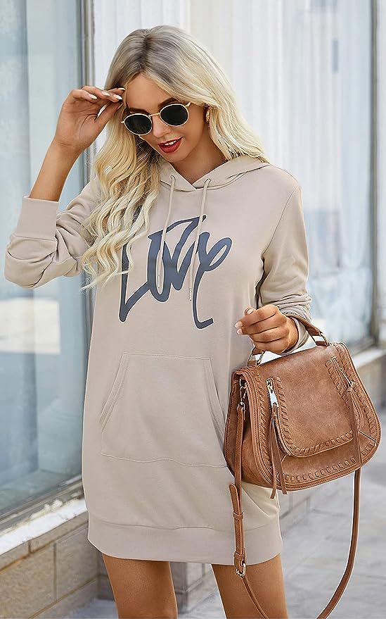 Damen Fleece-Kapuzenkleid mit Kängurutasche, Daumenlochärmeln und Oversize-Sweatshirt-Schnitt Echoarchiv