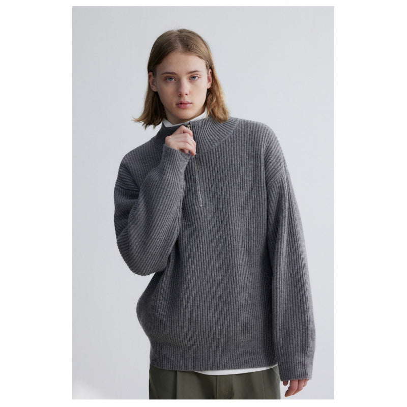 Herren Oversized-Rippenstrick Halbzip-Pullover mit Stehkragen Echoarchiv