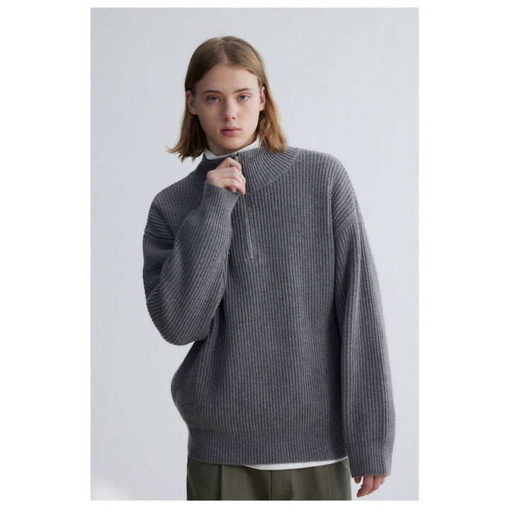 Herren Oversized-Rippenstrick Halbzip-Pullover mit Stehkragen Echoarchiv