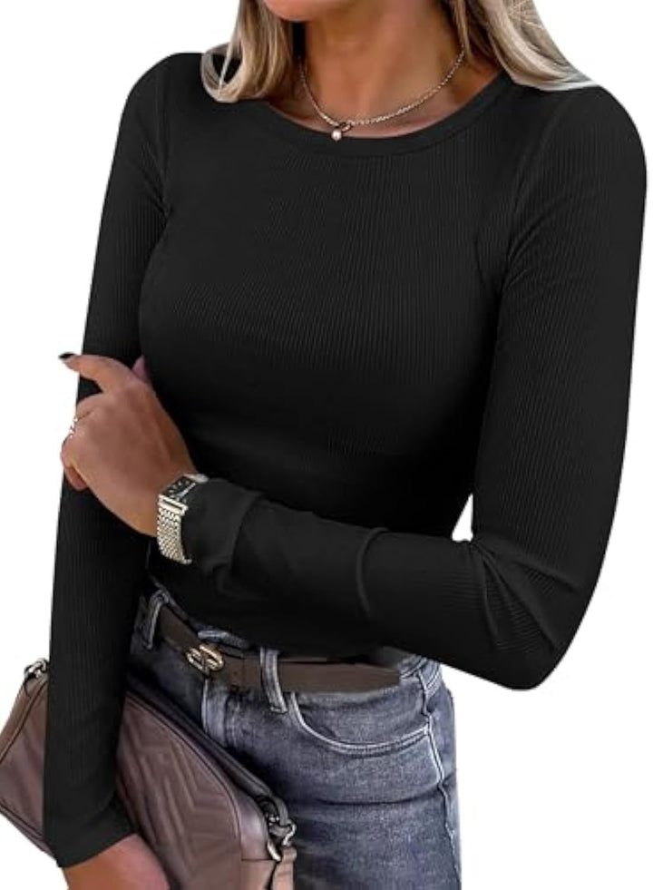 Damen Schmalgeschnittenes Ripp-Longsleeve mit Rundhalsausschnitt und Stretch-Baumwollmix – Avérine