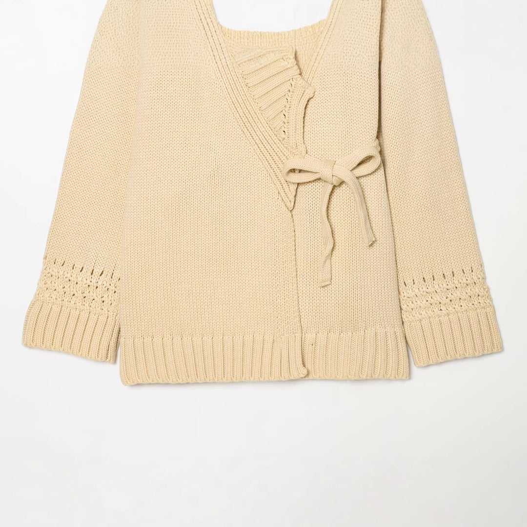 Damen Wickel-Strickcardigan mit Schalkragen, Bindegürtel und Häkelärmeln Echo Archiv
