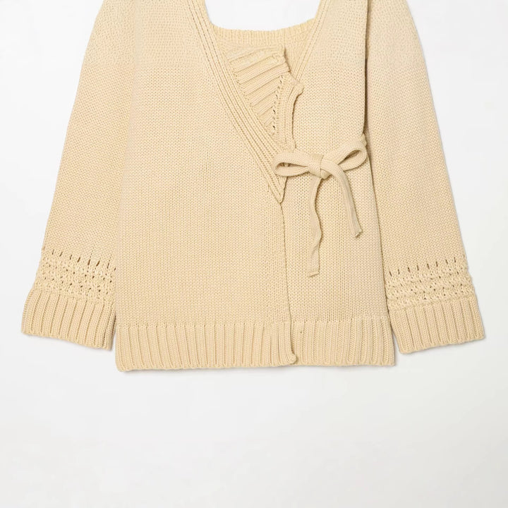 Damen Wickel-Strickcardigan mit Schalkragen, Bindegürtel und Häkelärmeln Echo Archiv