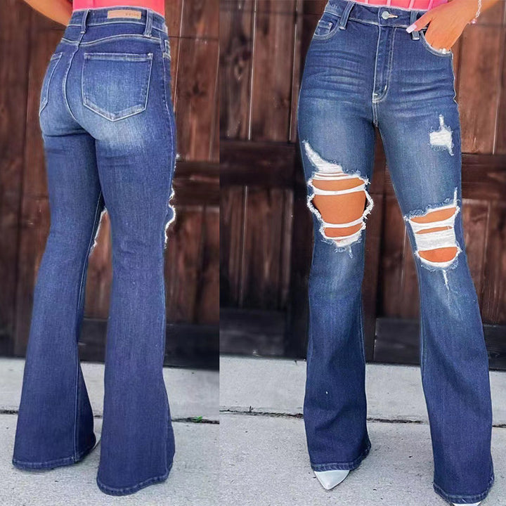 Damen nan Highwaist-Jeans mit ausgestelltem Bein und starkem Distressing an den Knien Echo Archiv