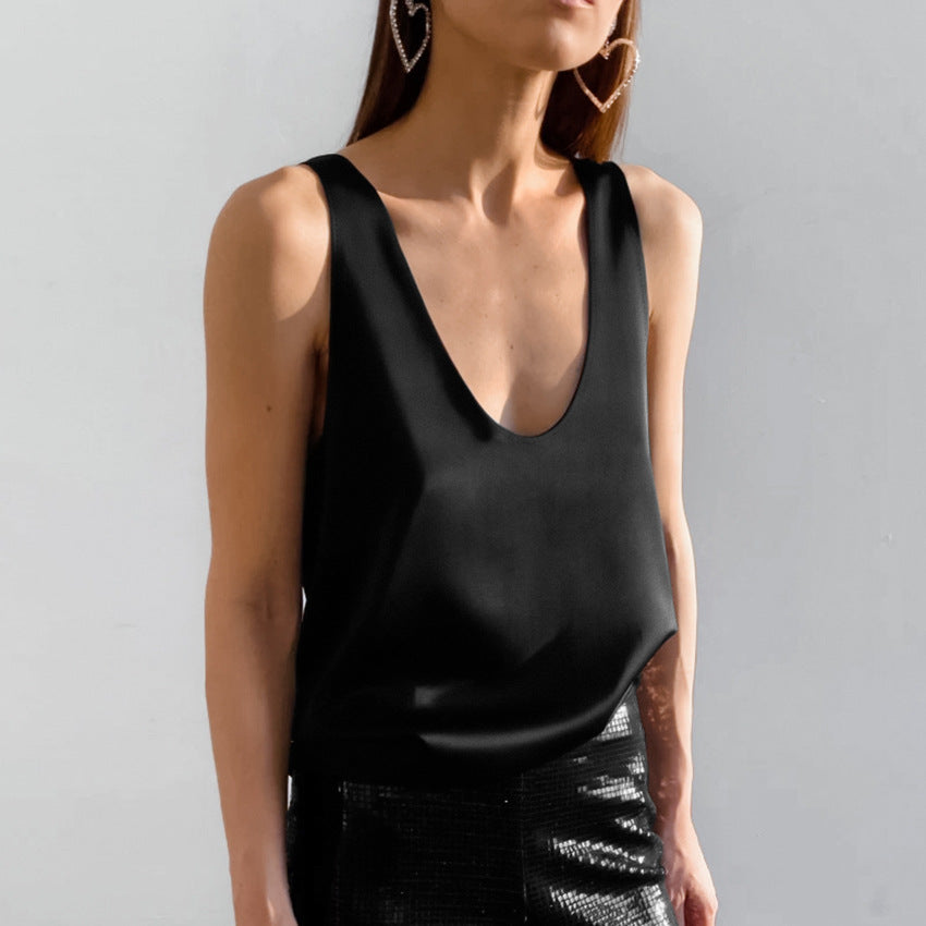Echoarchiv | Frauen Satin U Hals T-Shirt Ärmelloses Top
