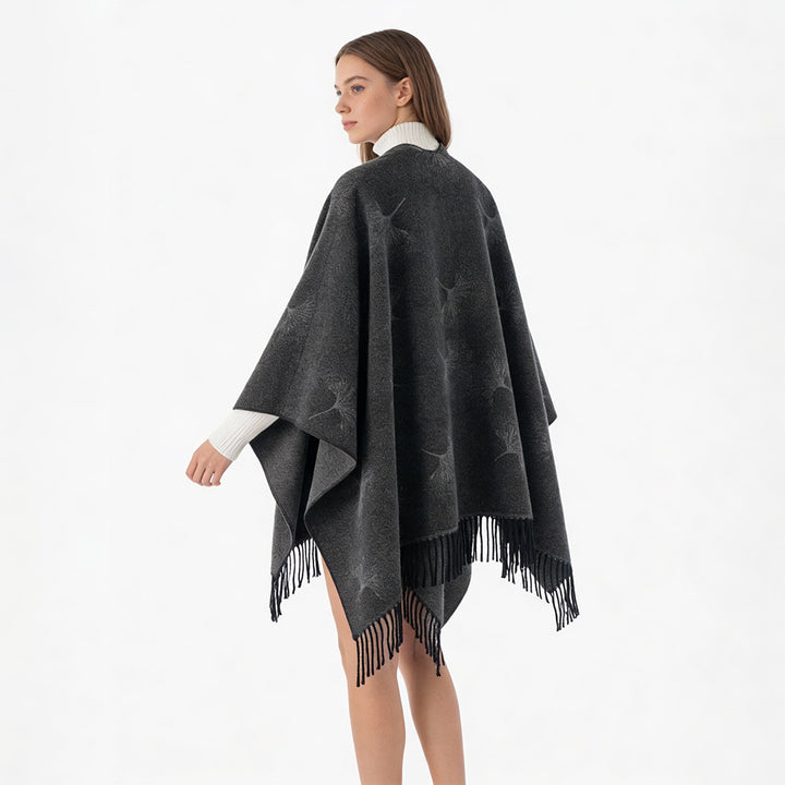 Damen Wollmix-Poncho Überwurf mit Pusteblumen-Jacquard und Fransensaum – Avérine