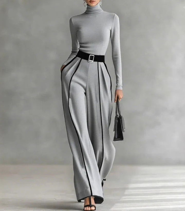 Damen nan elegantes Strickset mit tailliertem Rollkragenoberteil und weiter Plisseehose mit Taillengürtel Echo Archiv