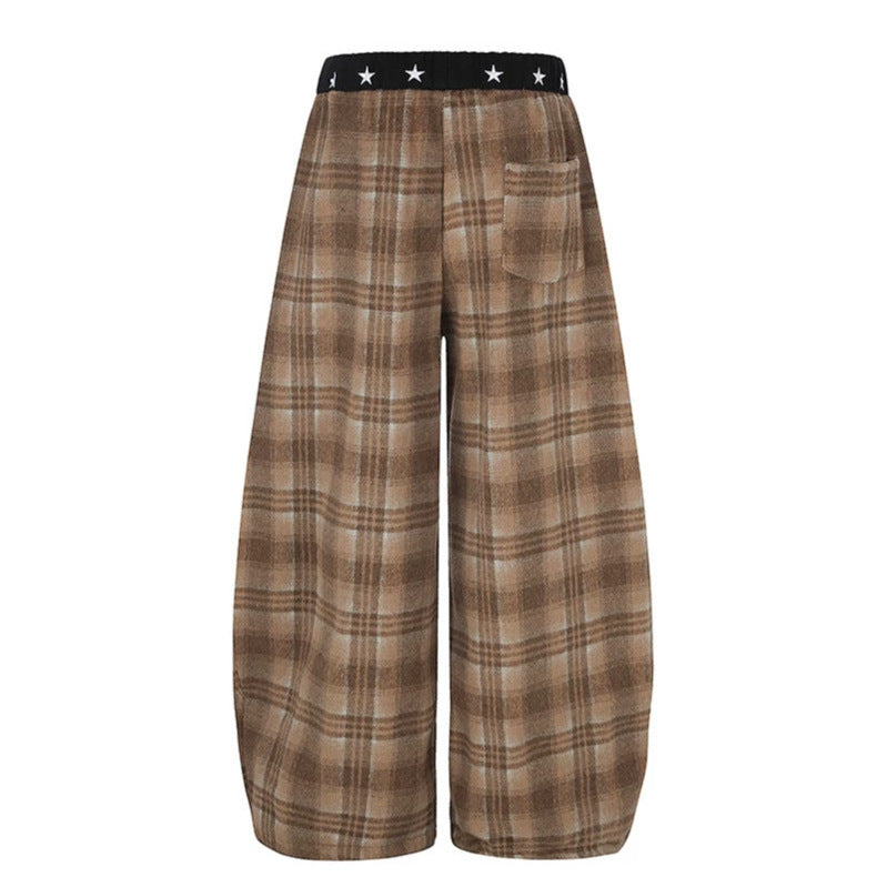 Damen Extraweite Karierte Palazzo-Loungehose aus weichem Fleece mit sternbesetztem Komfortbund, Tunnelzug und verstellbarem Saum Echoarchiv