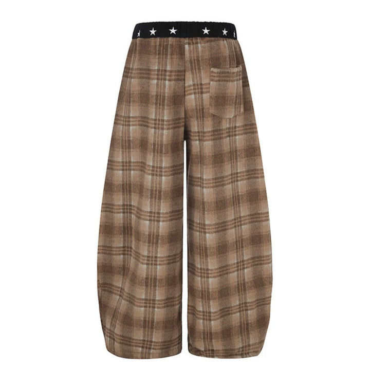 Damen Extraweite Karierte Palazzo-Loungehose aus weichem Fleece mit sternbesetztem Komfortbund, Tunnelzug und verstellbarem Saum Echoarchiv