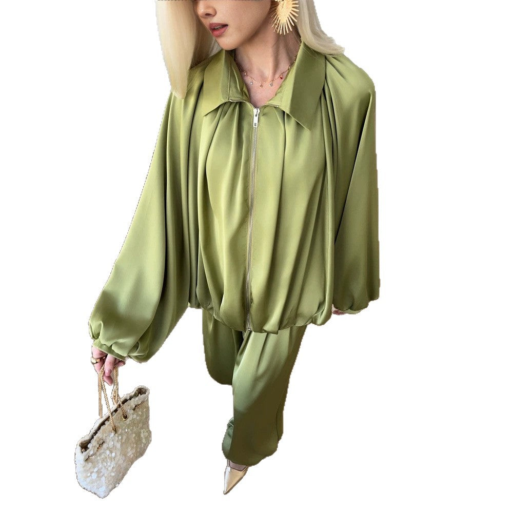 Damen Elegantes Satin-Zweiteiler-Set mit Oversize-Blouson und weiter Palazzo-Hose Echoarchiv