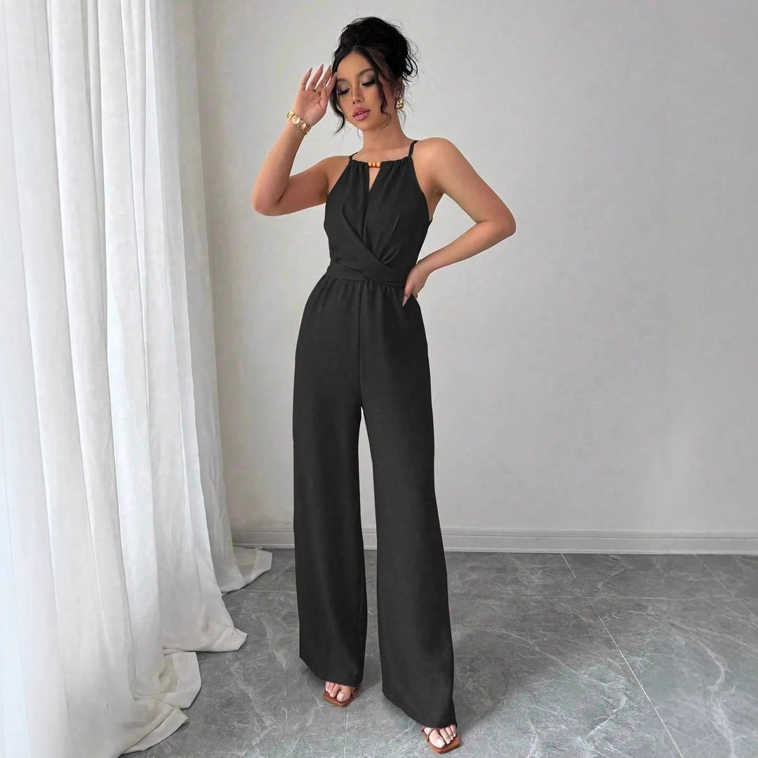 Damen Ärmelloser Neckholder-Jumpsuit mit Wickeloberteil und weitem Bein Echo Archiv