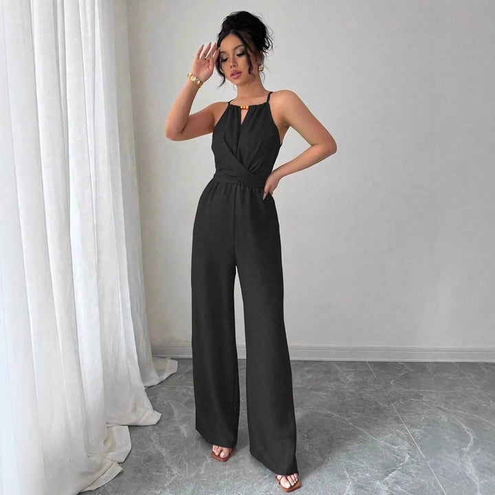 Damen Ärmelloser Neckholder-Jumpsuit mit Wickeloberteil und weitem Bein Echo Archiv