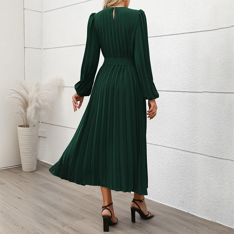 Damen Plissiertes Midikleid mit Taillengürtel, Puffärmeln und Rundhalsausschnitt – Élara