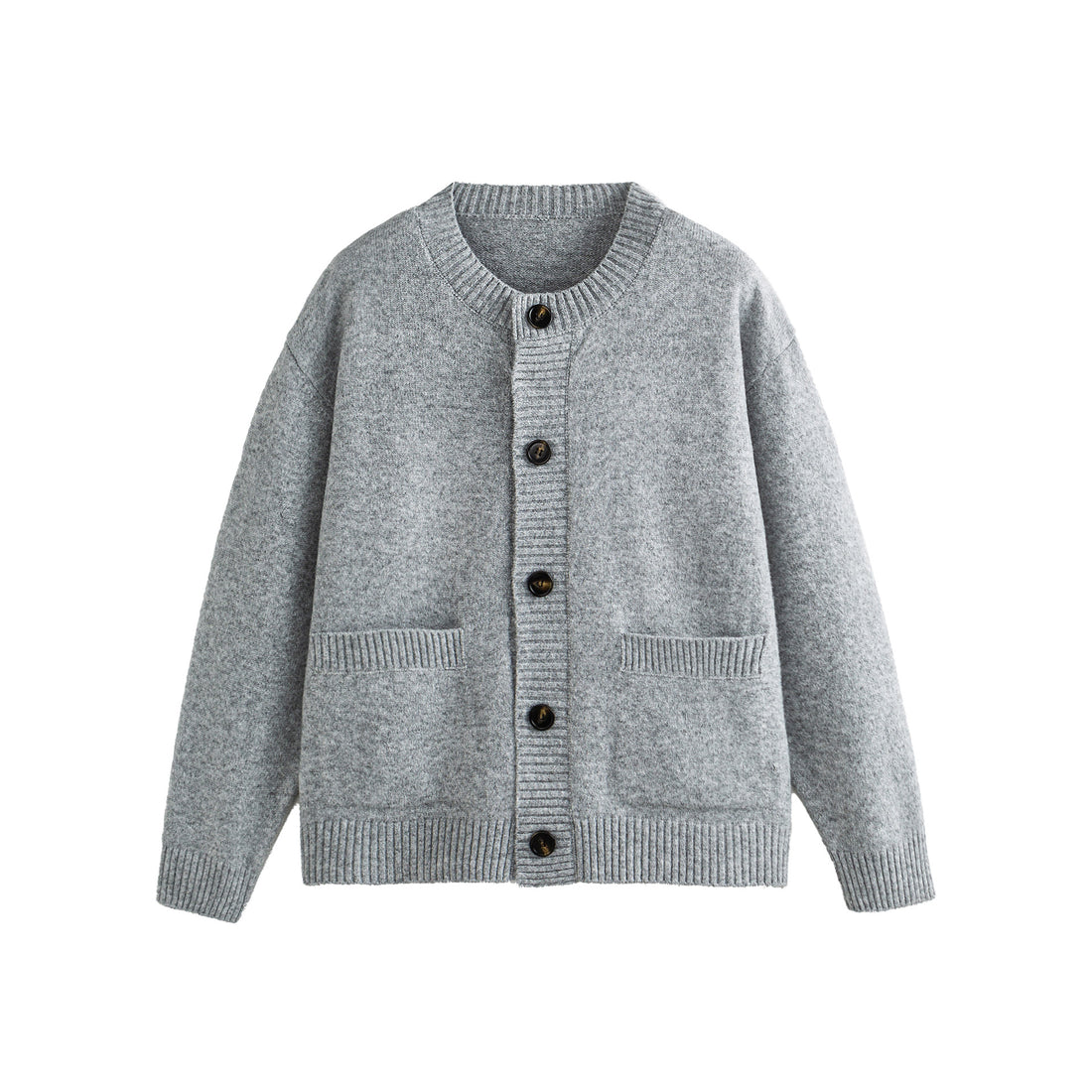 Unisex Grobgestrickte Boxy-Strickjacke mit Knopfleiste, Rundhalsausschnitt und aufgesetzten Taschen Echoarchiv
