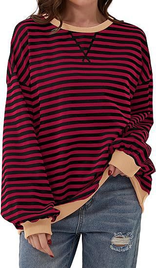 Damen Lässiges Oversize-Streifen-Sweatshirt mit Raglanärmeln und Kontrastbündchen – Mavelle