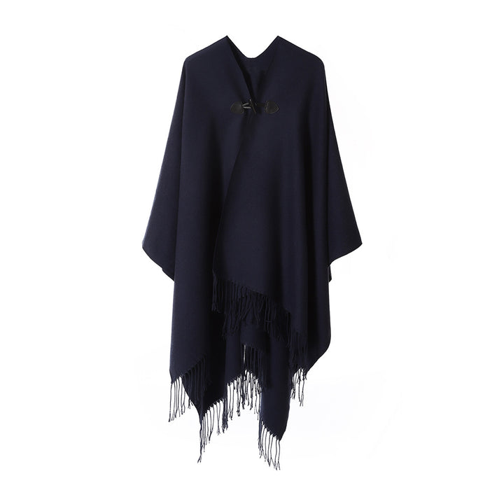 Damen Leichter Wasserfall‑Poncho mit Knebelverschluss, asymmetrischem Saum und Fransenkante – Avérine