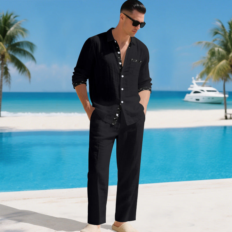 Herren modisches Leinen-Outfit mit auffälliger Knopfleiste und praktischen Taschen Echoarchiv
