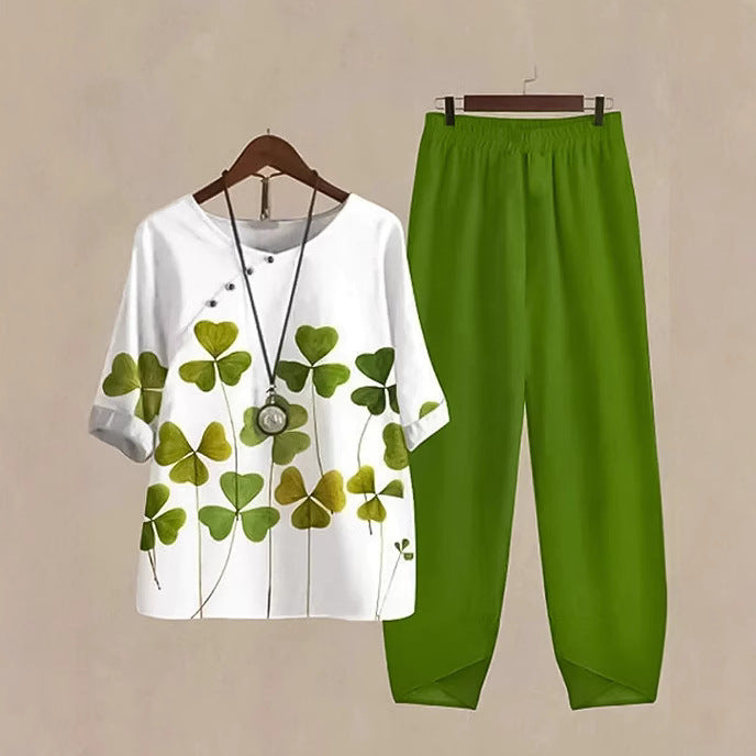 Damen nan zweiteiliges Freizeitset mit Kleeblatt-Print-Tunika und elastischer Komfortbund-Hose Echo Archiv