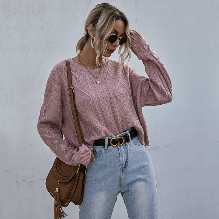 Damen Lässiger Oversize-Strickpullover mit geometrischem Zopfmuster und tiefen Ärmelabschlüssen Echoarchiv