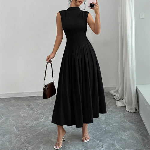 Damen Ärmelloses Maxikleid mit hohem Stehkragen, tailliertem Oberteil und plissiertem Rock – Avérine