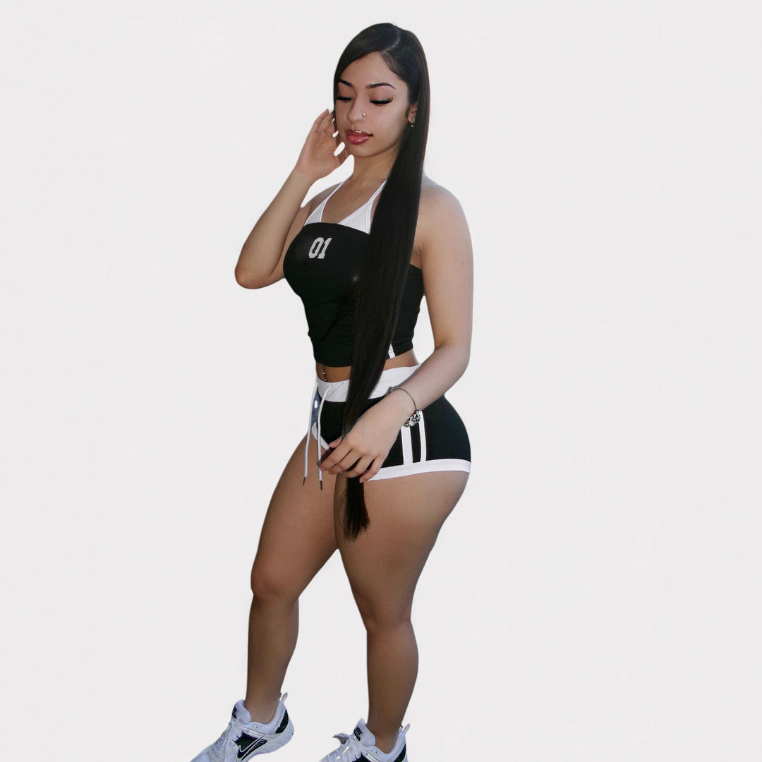 Damen sportliches Crop-Top und Shorts Set mit dekorativem Bindeband Echo Archiv