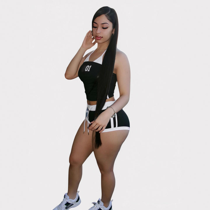 Damen sportliches Crop-Top und Shorts Set mit dekorativem Bindeband Echo Archiv