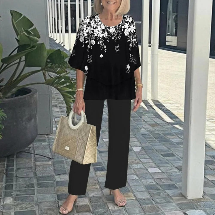 Damen nan Lagen-Tunika mit Cape-Ärmeln und knöchellanger Geradebeinhose mit Grafikprint Echo Archiv