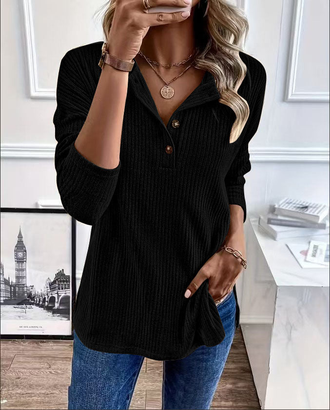 Damen Gerippter Longsleeve-Pullover mit Henley-Kragen und lässiger Tunika-Passform Echoarchiv