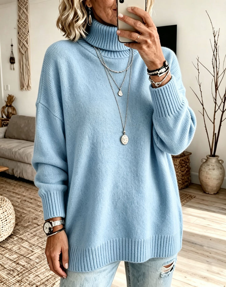 Damen Oversize Rollkragenpullover aus Feinstrick mit gerippten Bündchen und überschnittener Schulter – Mavelle