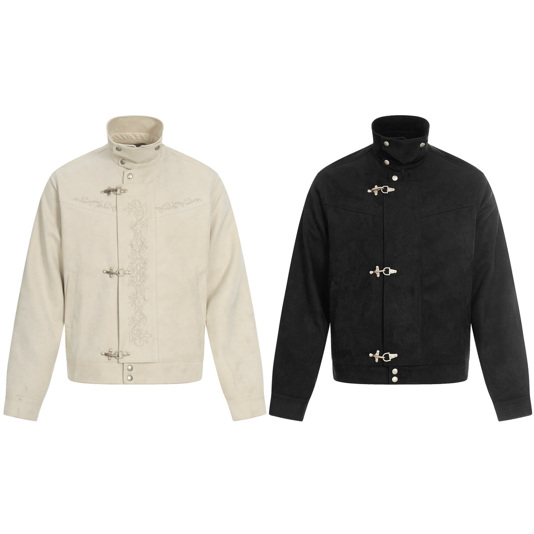 Herren Kurz geschnittener Veloursleder-Blouson mit Stehkragen, Zierstickerei und Knebelverschluss Echoarchiv