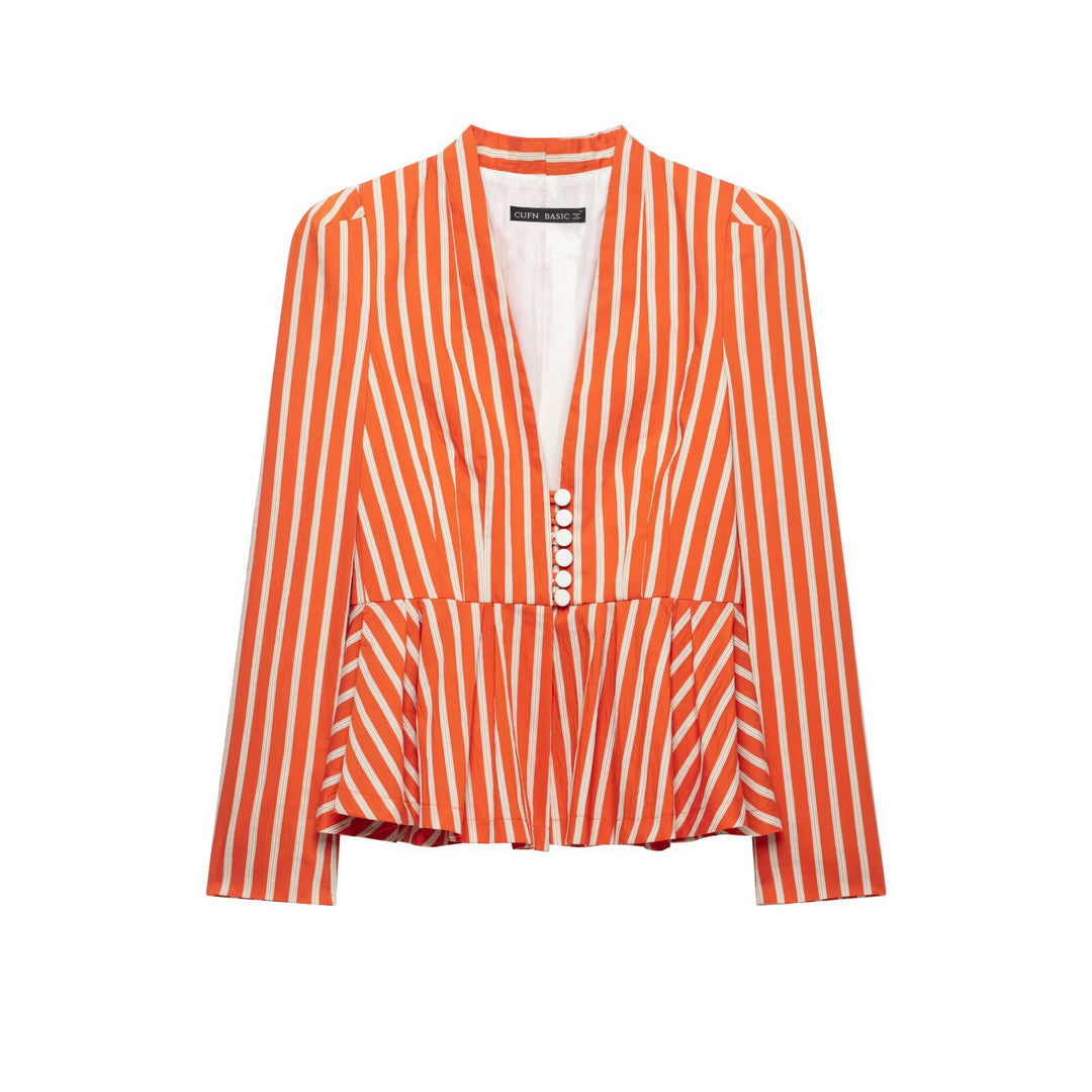 Damen Gestreifte taillierte Peplum‑Jacke mit V‑Ausschnitt und Zierknöpfen Echoarchiv