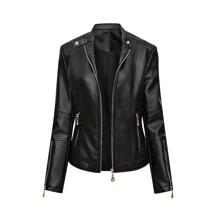 Damen Asymmetrische Bikerjacke aus Kunstleder mit Nietenbesatz und tailliertem Schnitt Echoarchiv