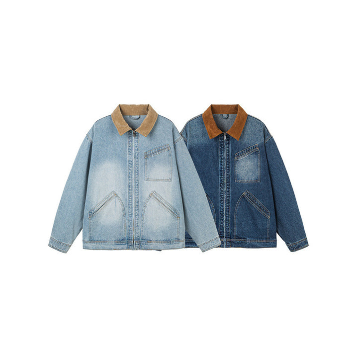 Herren Boxy-Denimjacke im Worker-Stil mit Cordkragen und Frontreißverschluss Echo Archiv