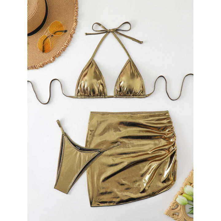 Damen Glänzender Triangel-Bikini mit Raffung und verspieltem Rock Echo Archiv