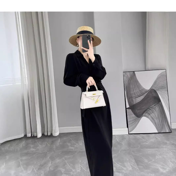 Damen Langärmliges Wickel‑Maxikleid mit Taillengürtel und V‑Ausschnitt Echoarchiv
