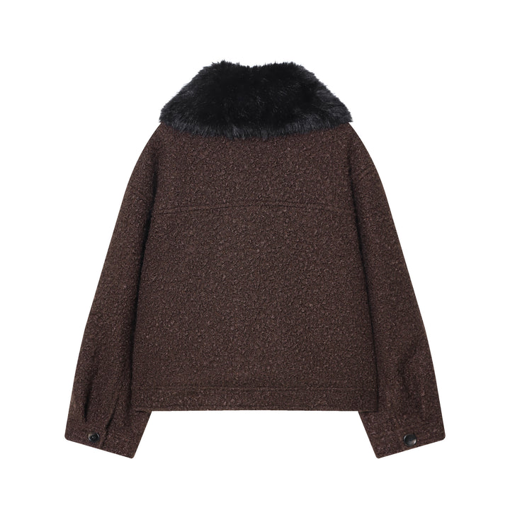 Damen cropped Bouclé‑Jacke mit abnehmbarem Kunstfellkragen, kastiger Silhouette und Pattentaschen – Célinea