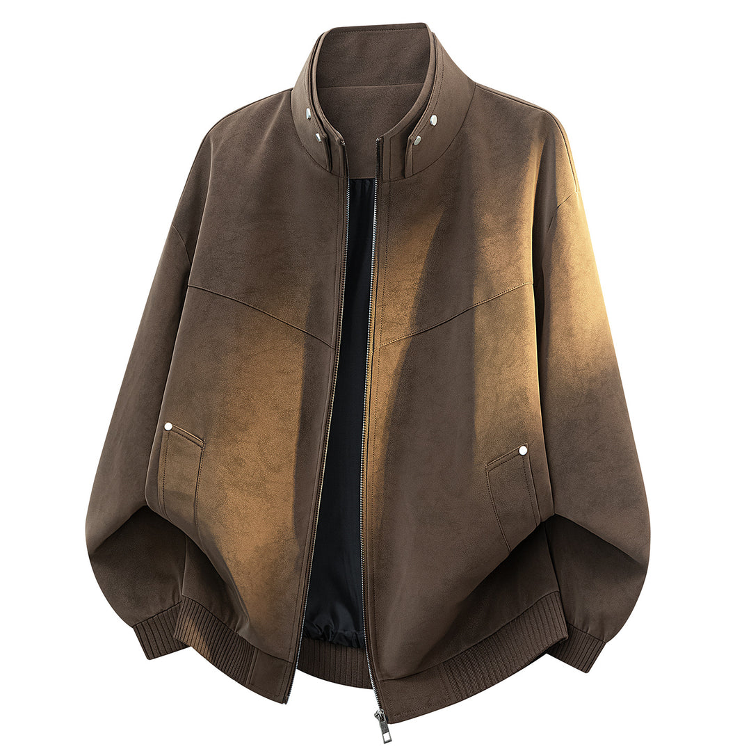 Unisex Oversize Suede‑Optik Bomberjacke mit Stehkragen, verdecktem Reißverschluss & Eingrifftaschen Echoarchiv